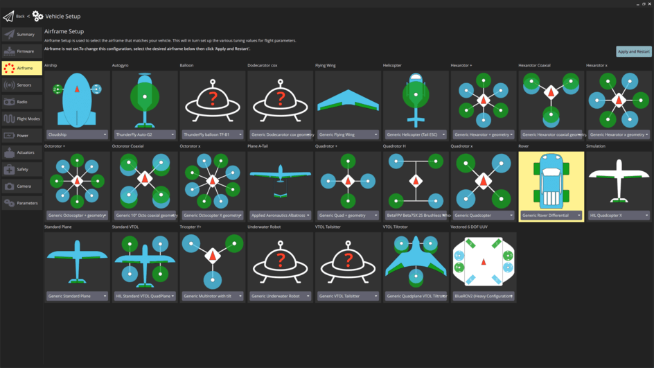 QGC screenshot showing selection of the airframe 'Generic Rover Differential'