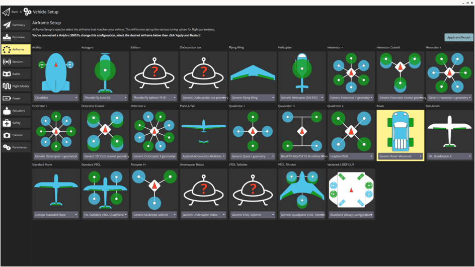 QGC screenshot showing selection of the airframe 'Generic Rover Mecanum'