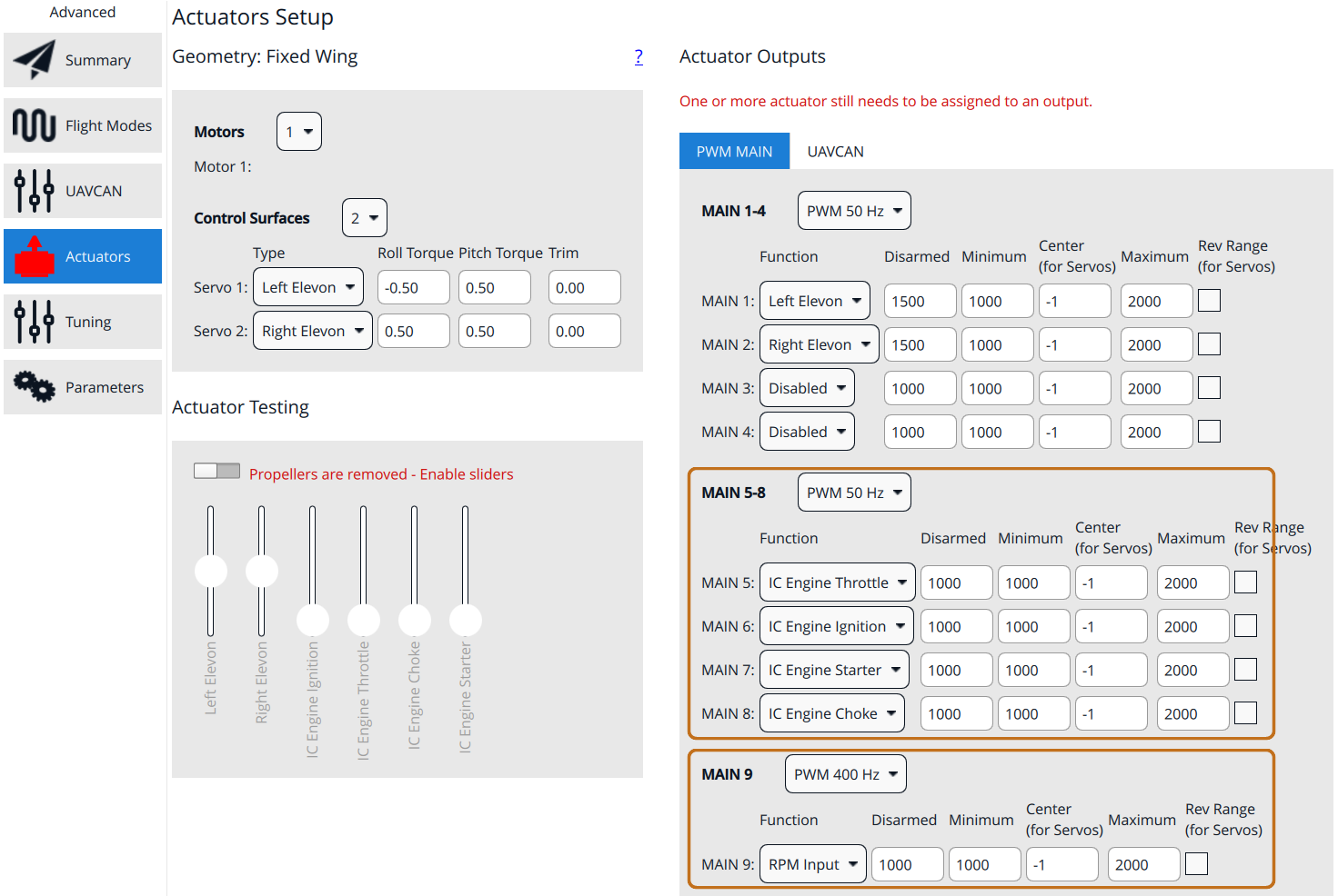 Actuator setup for ICE, with the engine output functions and the RPM input highlighted