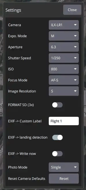 QGroundControl camera settings for the Sony ILX-LR1 with TAG-E
