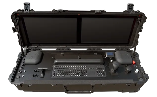 UXV Technologies G2Nav: an open transport case with two screens in the lid, and a keyboard and joysticks in the base