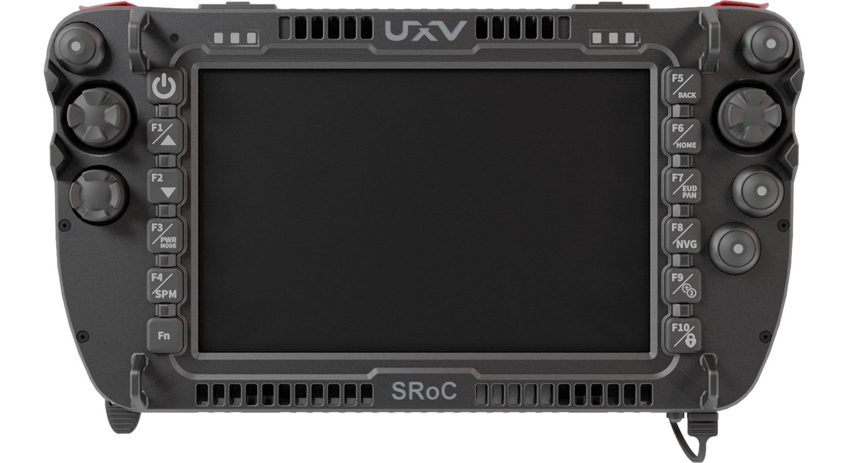 UXV Technologies SRoC: a handheld controller with a central touchscreen and joysticks on either side