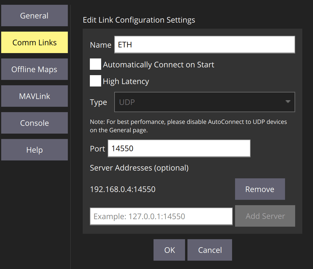 QGC comm link for ethernet setup