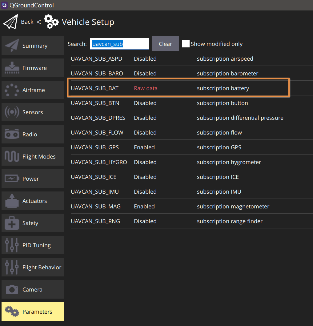 QGC - Set UAVCAN_SUB_BAT parameter to raw data