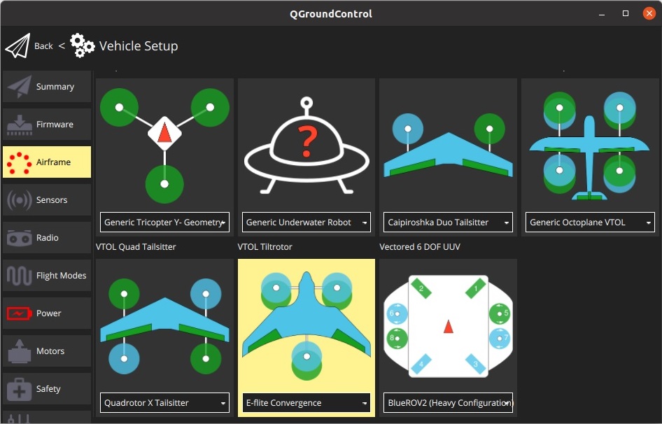 QGroundControl Vehicle Setting - Airframe selection E-Flight