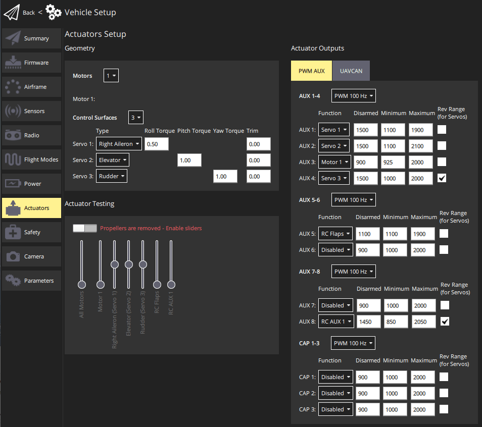 QGC Actuator configuration screen for this build