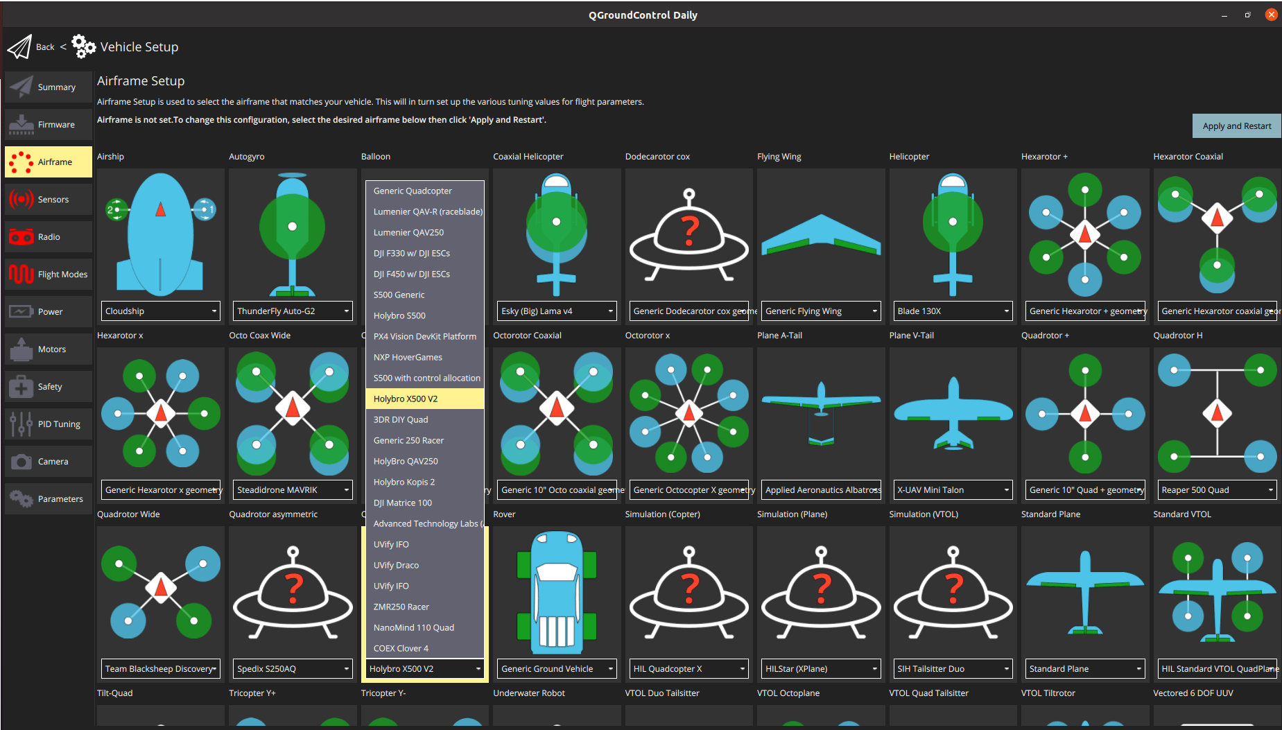 QGroundControl - Select HolyBro 500 airframe