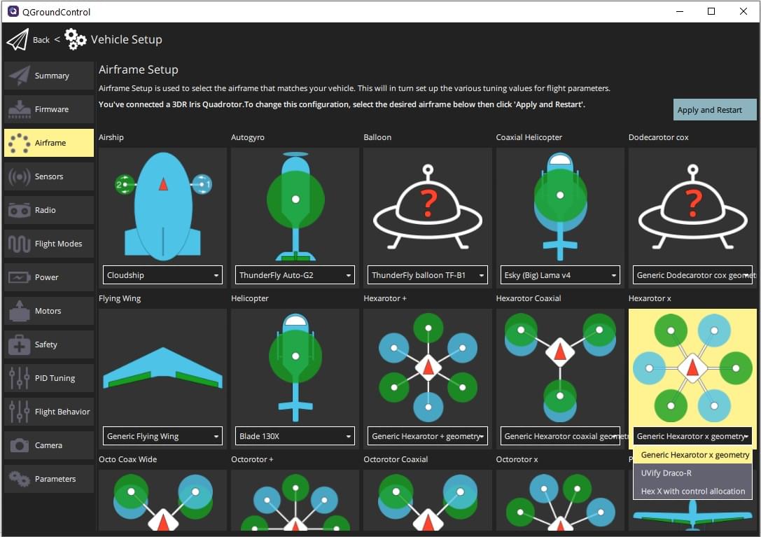 Вибір загального рамного кадру гексакоптера X в QGroundControl