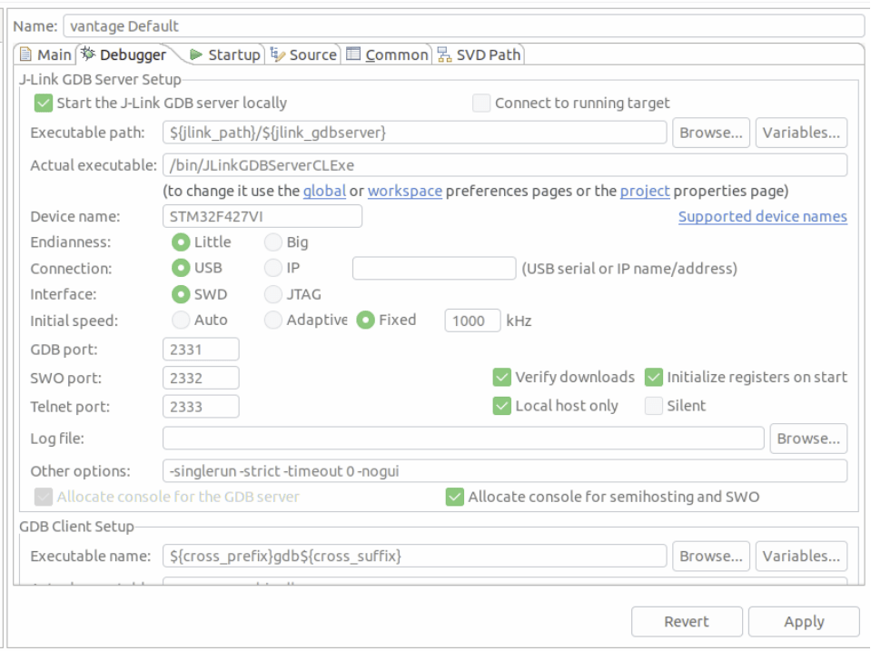 Eclipse: GDB Segger Debug config: debugger tab