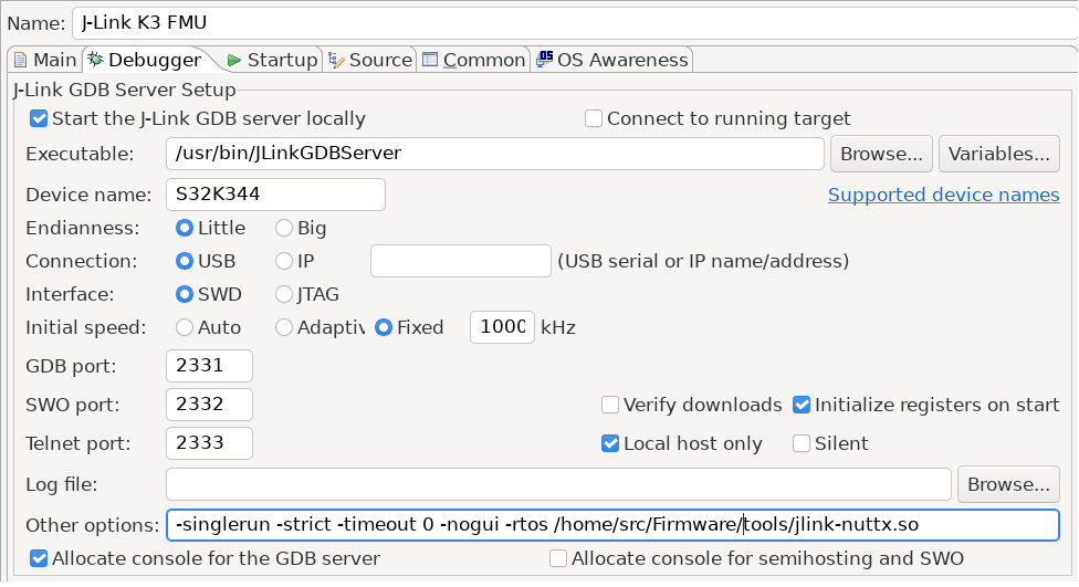 Eclipse: GDB Segger Debug config RTOS aware: debugger tab