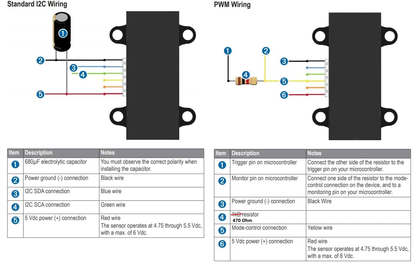 LidarLite v3 - Standard Wiring from Garmin Specification