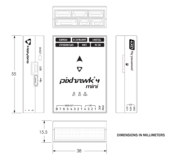 Розміри Pixhawk 4 Mini