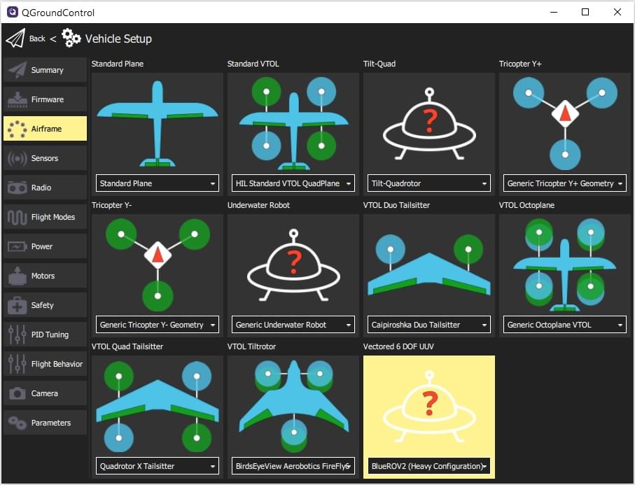 QGC - select airframe for BlueROV2 Heay configuration