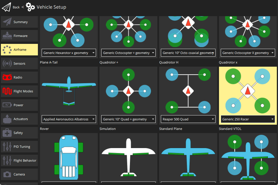 QGC airframe selection of generic 250 racer