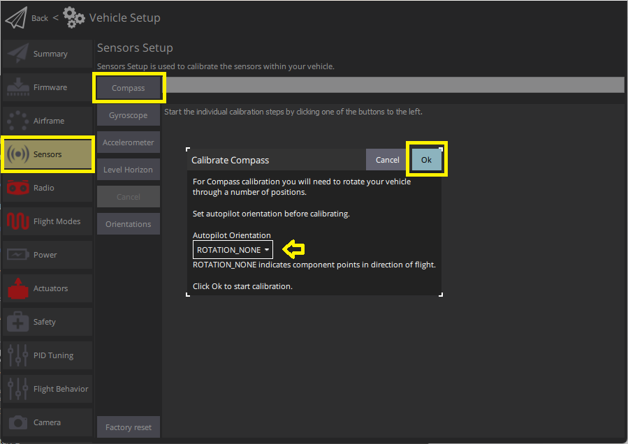Виберіть Калібрування компасу PX4